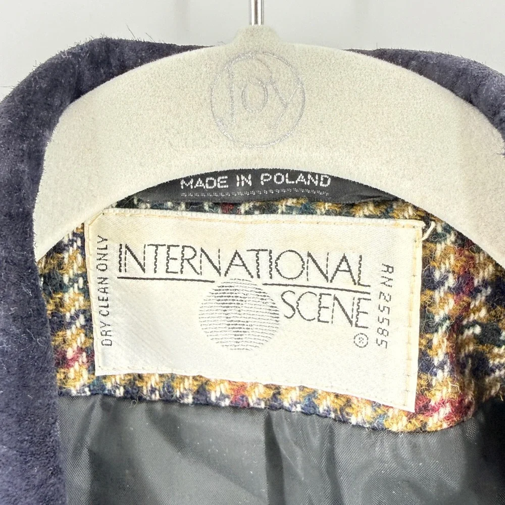Vintage International Scene Wool Houndstooth Blazer Suede Collar Pocket Size 7/8